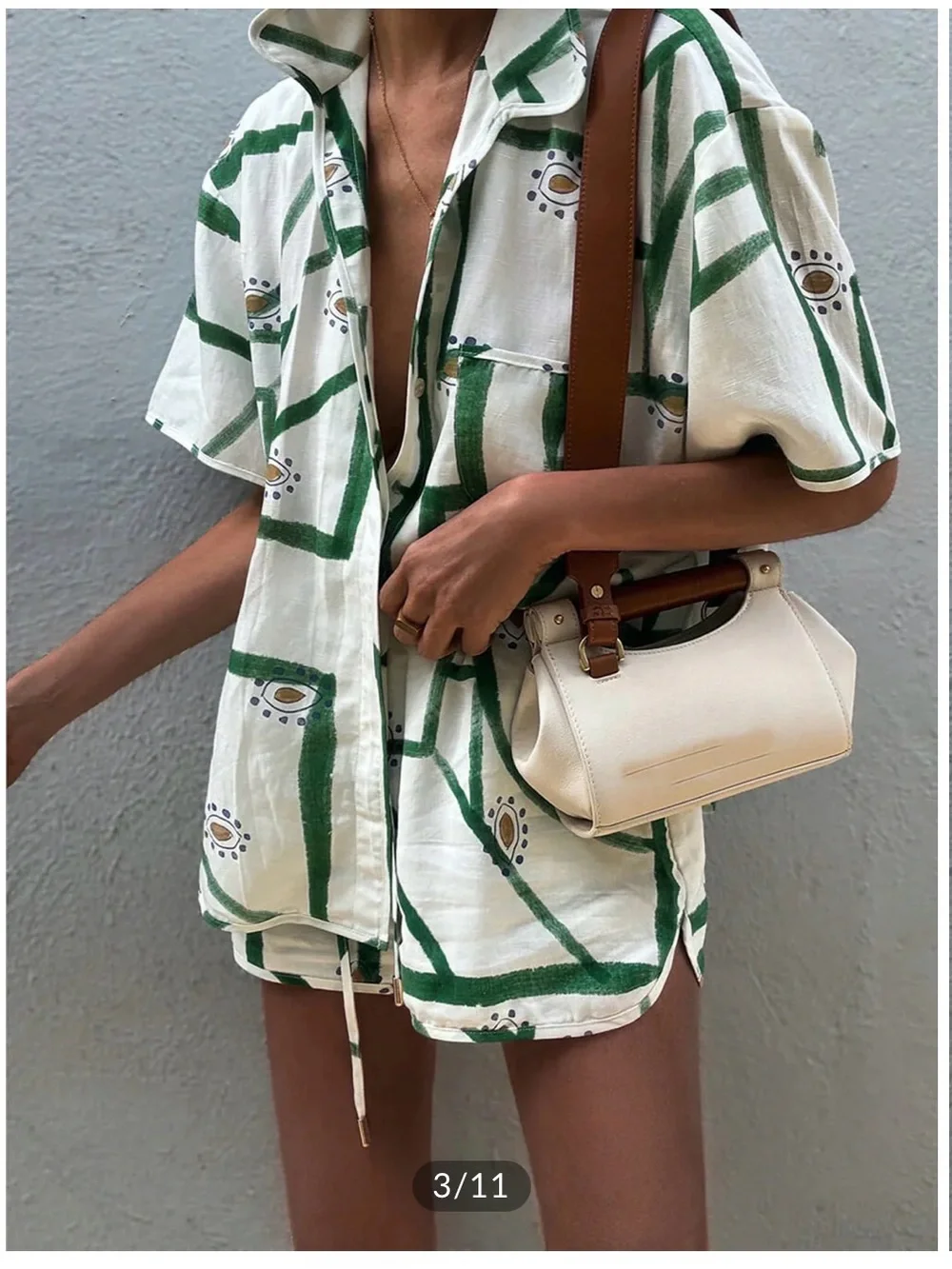 Commense White and Green Printed Two-Piece Relaxed Shirt + Shorts Set XS